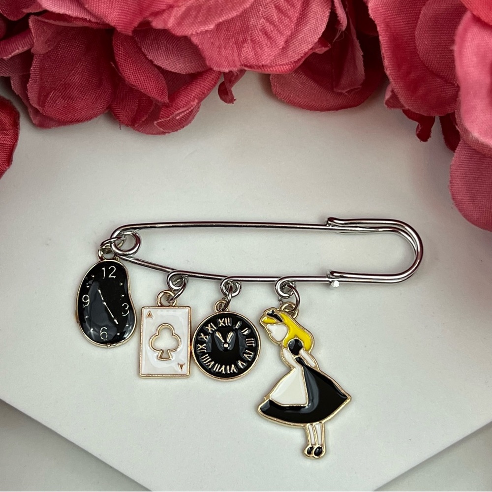 Alice in Wonderland Black & Silver Lapel Pin Brooch - Picture 5 of 14